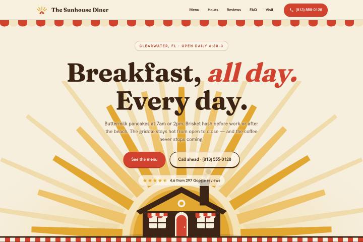 The Sunhouse Diner demonstration rebuild — retro sunburst hero with breakfast-all-day headline