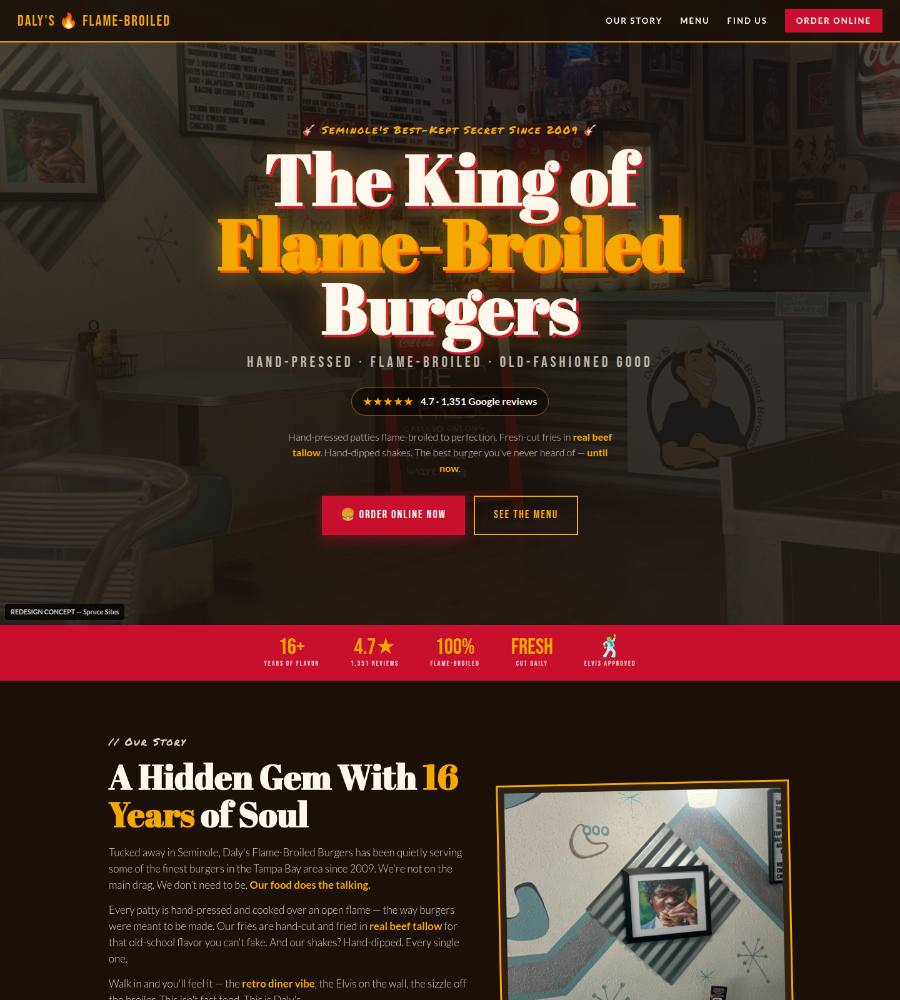Daly's Flame-Broiled Burgers rebuild — hero with bold retro headline over real diner photos