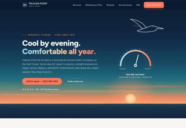 Coastal-dusk HVAC hero: a navy-to-teal sky fading into a coral Gulf sunset with a line-art pelican gliding above a cool-to-heat gauge dial beside the headline 'Cool by evening. Comfortable all year.'
