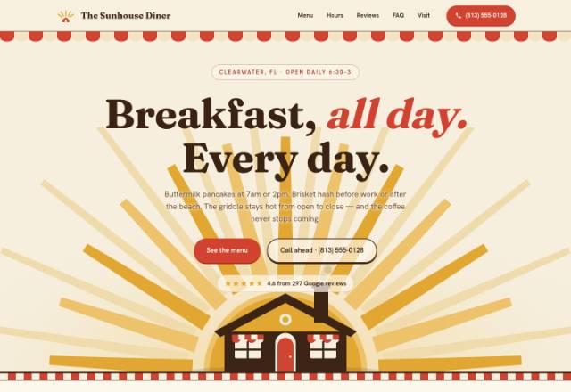 Retro cream diner hero: a giant mustard half-sun radiating tapered rays from behind a small red-doored diner silhouette, under a scalloped red awning edge and the oversized serif headline 'Breakfast, all day. Every day.'
